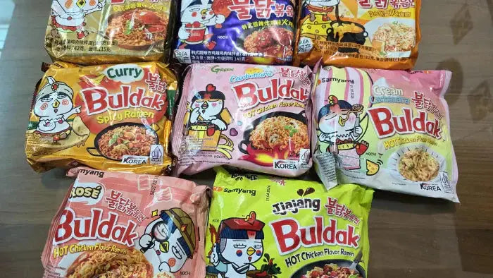 A series of viral Buldak ramen on a table with different flavors