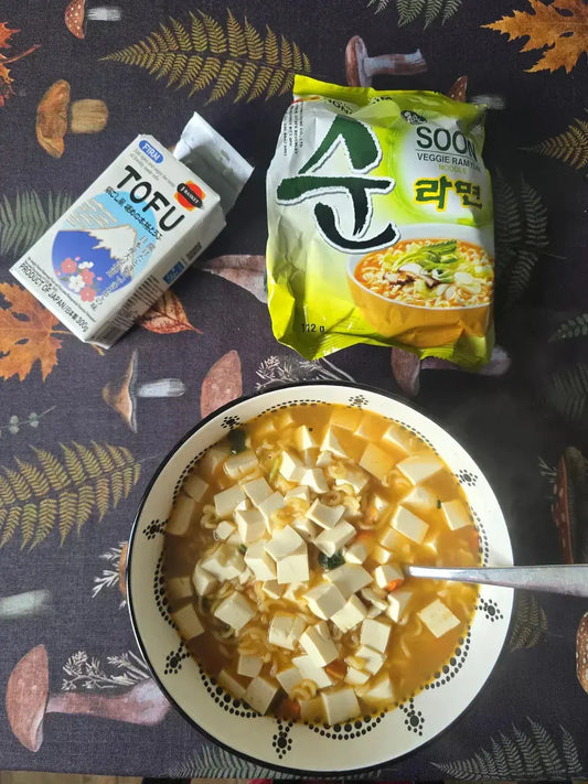 Nongshim Soon Ramen with tofu on a table