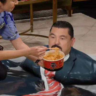 Guillermo on Jimmy Kimmel show eating Shin Ramyun to recover from being an amorphous blob from back stage nerve